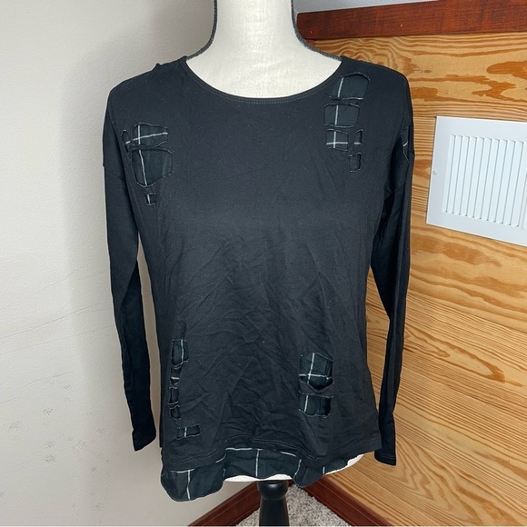 Generation Love Black Ripped Cutout Plaid Wool Silk Blend Sweater Extra Small - Picture 1 of 8